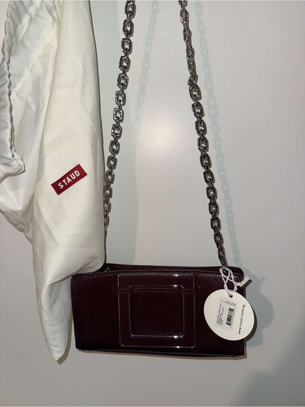 STAUD Burgundy Leather Chain Crossbody Bag